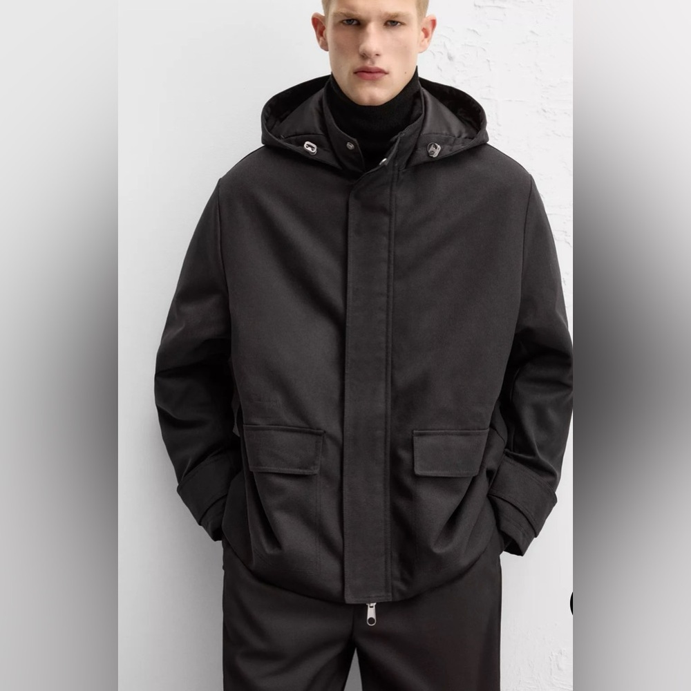 Zara New Men’s Padded Hooded Parka Black Sz Large - Picture 4 of 14